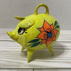 Vintage Paper Mache Hand Painted Pig Mod Yellow with Flower Folk Art